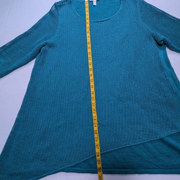EILEEN FISHER Green 100 % Organic Linen Asymmetrical Open Knit SweateTunic Sz L - Picture 4 of 12